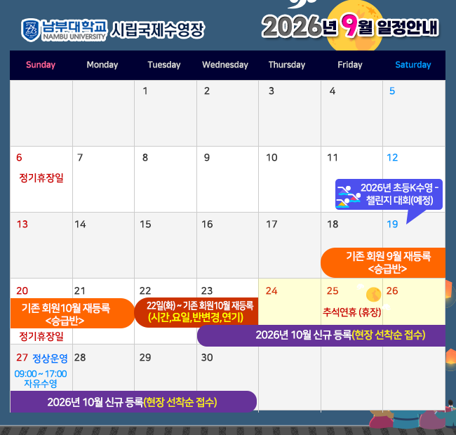 - 2026년 9월 일정안내 -  6일(일)                      정기휴장일 18일(금)  ~ 21일(월)  기존회원 10월 재등록 <승급반> 19일(토)                    2026년 초등K수영 - 챌린지 대회(예정) 20일(일)                    정기휴장일 22일(화) ~                 기존회원 10월 재등록 <시간,요일,반변경,연기> 23일(수) ~                 10월 신규 등록(현장 선착순 접수) 24일(목) ~ 26일(토)   추석연휴    휴장 27(일)                       정상운영 < 09:00~17:00 자유수영>