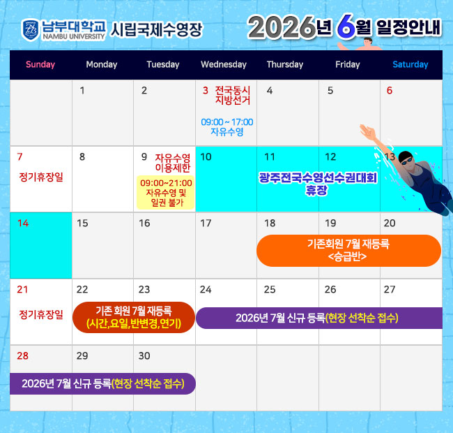 - 2026년 5월 일정안내 -  1일(금)   노동절               휴장 3일(일)   정기휴장일 5일(화)   어린이날           09:00~17:00 자유수영 17일(일)  정기휴장일 20일(수) ~ 21일(목) 기존회원 2026년 6월 재등록 <승급반> 22일(금) ~ 23일(토) 기존회원 2026년 6월 재등록 <시간,요일,반변경,연기> 24일(일) ~ 2026년 6월 신규 등록(현장 선착순 접수) 25일(월)    대체공휴일       09:00~17:00 자유수영